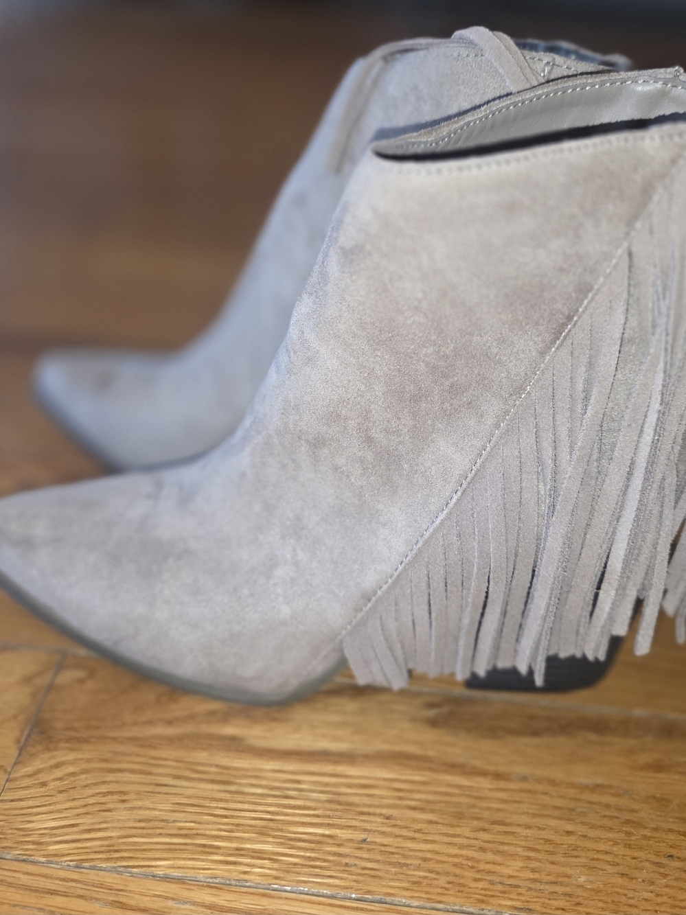 Candie's Gray Sueded Fringe Ankle Booties